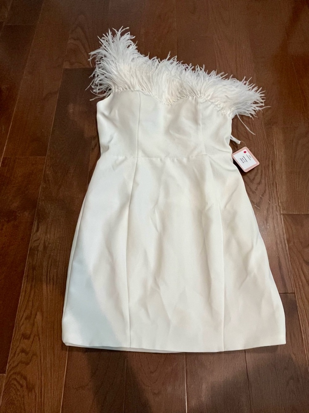 One Shoulder Off White Feather Trim Mini Dress